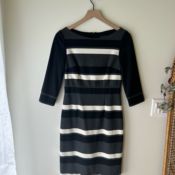 White House Black Market Black and White Sheath Dress Bateau Neck 3/4 Sleeve - Picture 2 of 3